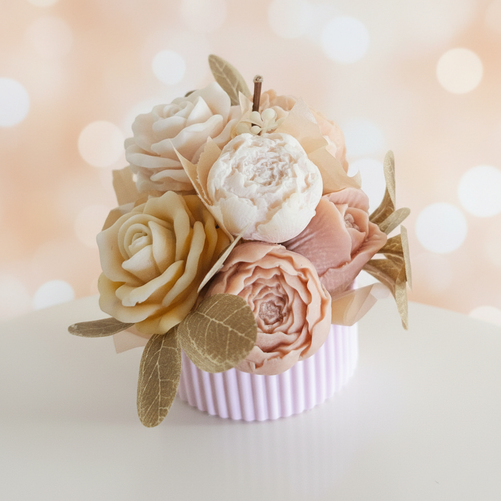 Blush and cream wax melt bouquet with roses and peonies on a warm peach background
