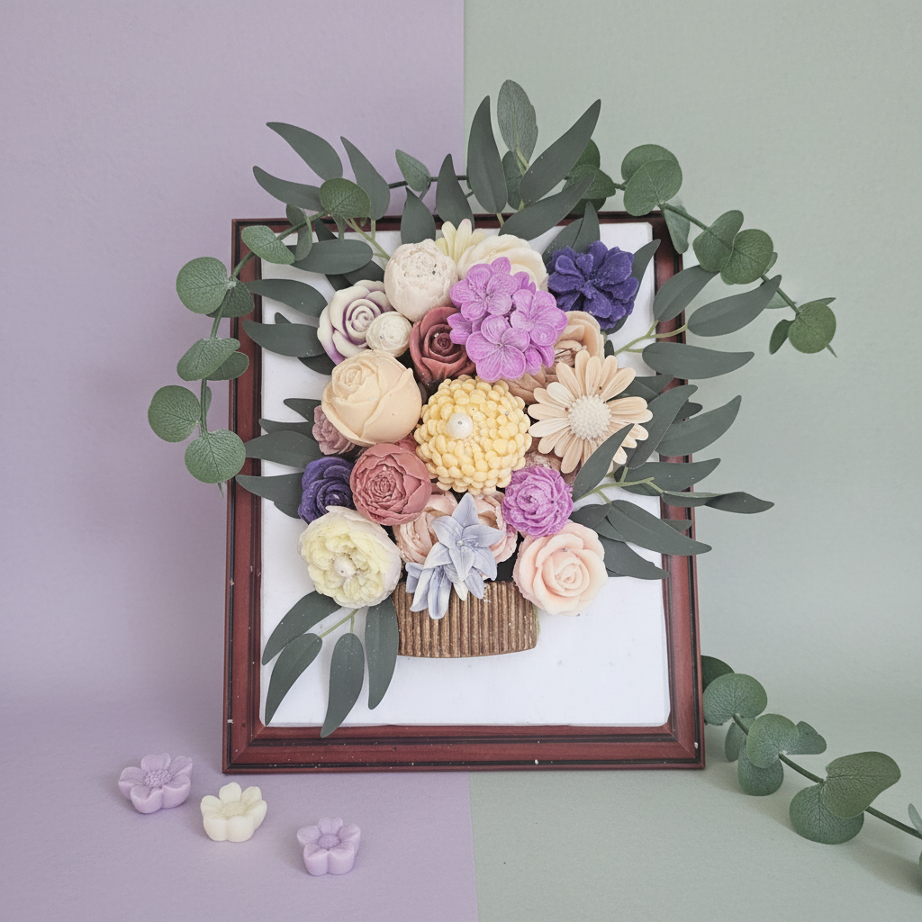 Purple mixed floral wax melt arrangement in a wooden frame with eucalyptus leaves on a lavender background