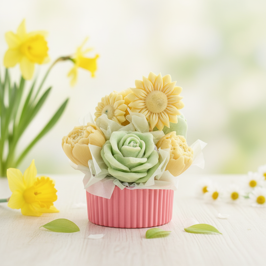 Yellow and green wax melt floral bouquet with sunflowers and daisies in a pink ribbed pot on a fresh spring background